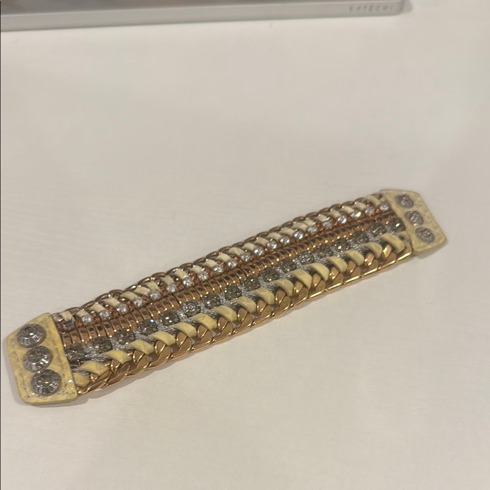 Henri Bendel Gold and Silver Tone Rhinestone Leather Bracelet